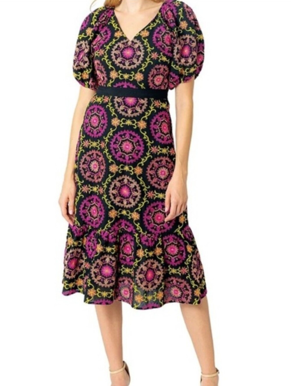 Sam Edelman Embroidered Pink Green Black Puff Sleeve V-neck Midi Dress Size 88 - Picture 3 of 12